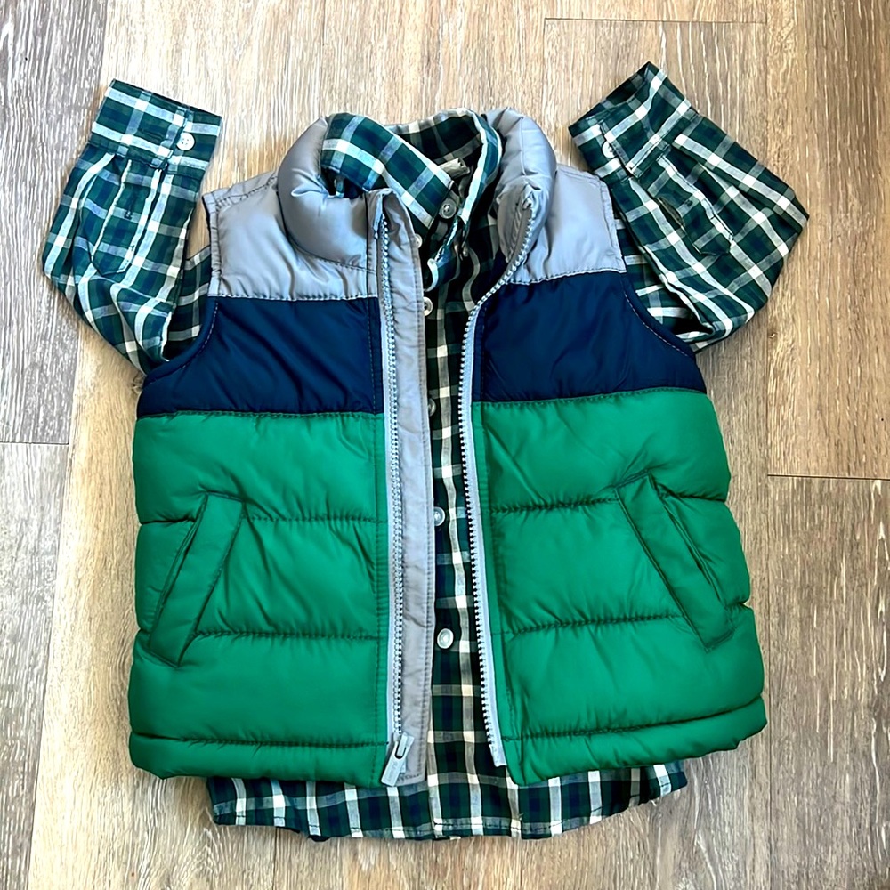 Blue, gray and black vest with collared shirt